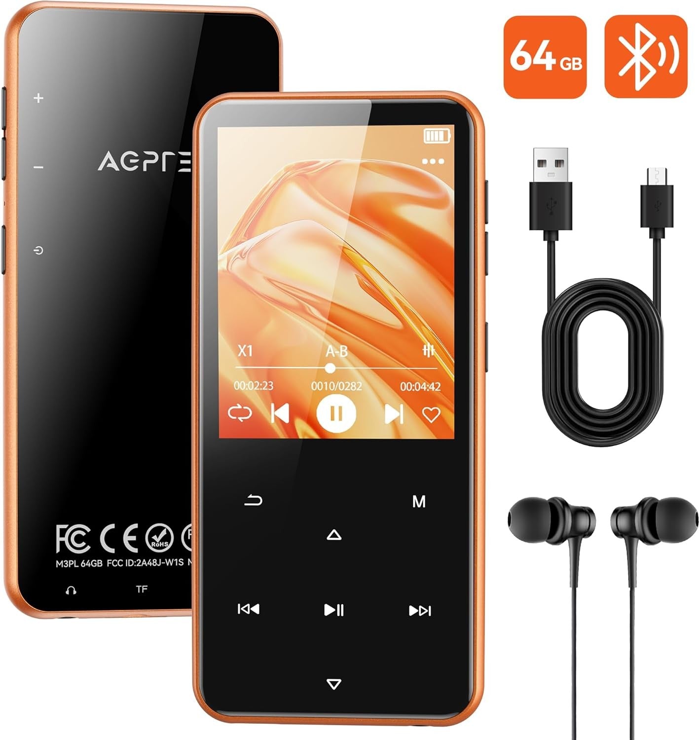 64GB Bluetooth 5.3 MP3 Player 2.4" Screen FM Radio Speaker Orange