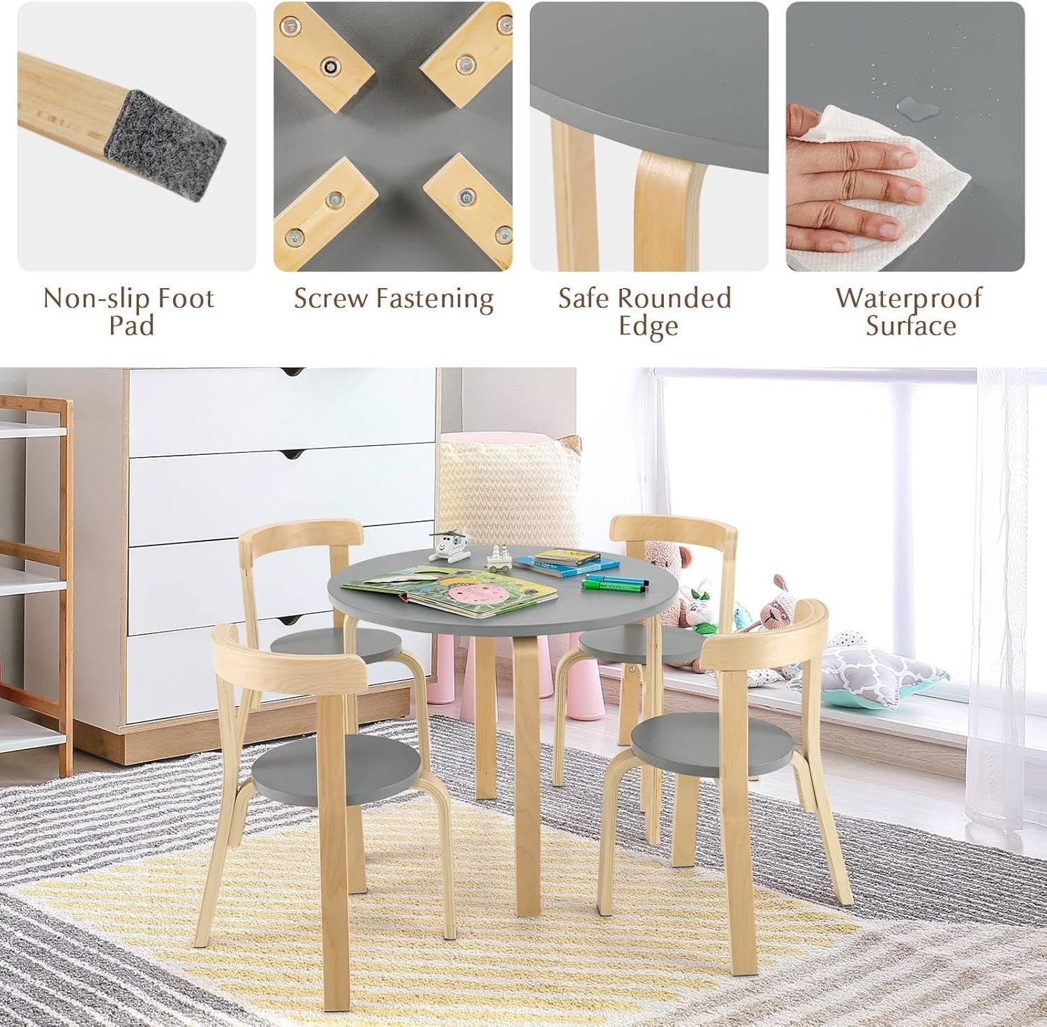 Kids 5-Piece Wooden Table & Chair Set with Ergonomic Chairs for Playroom