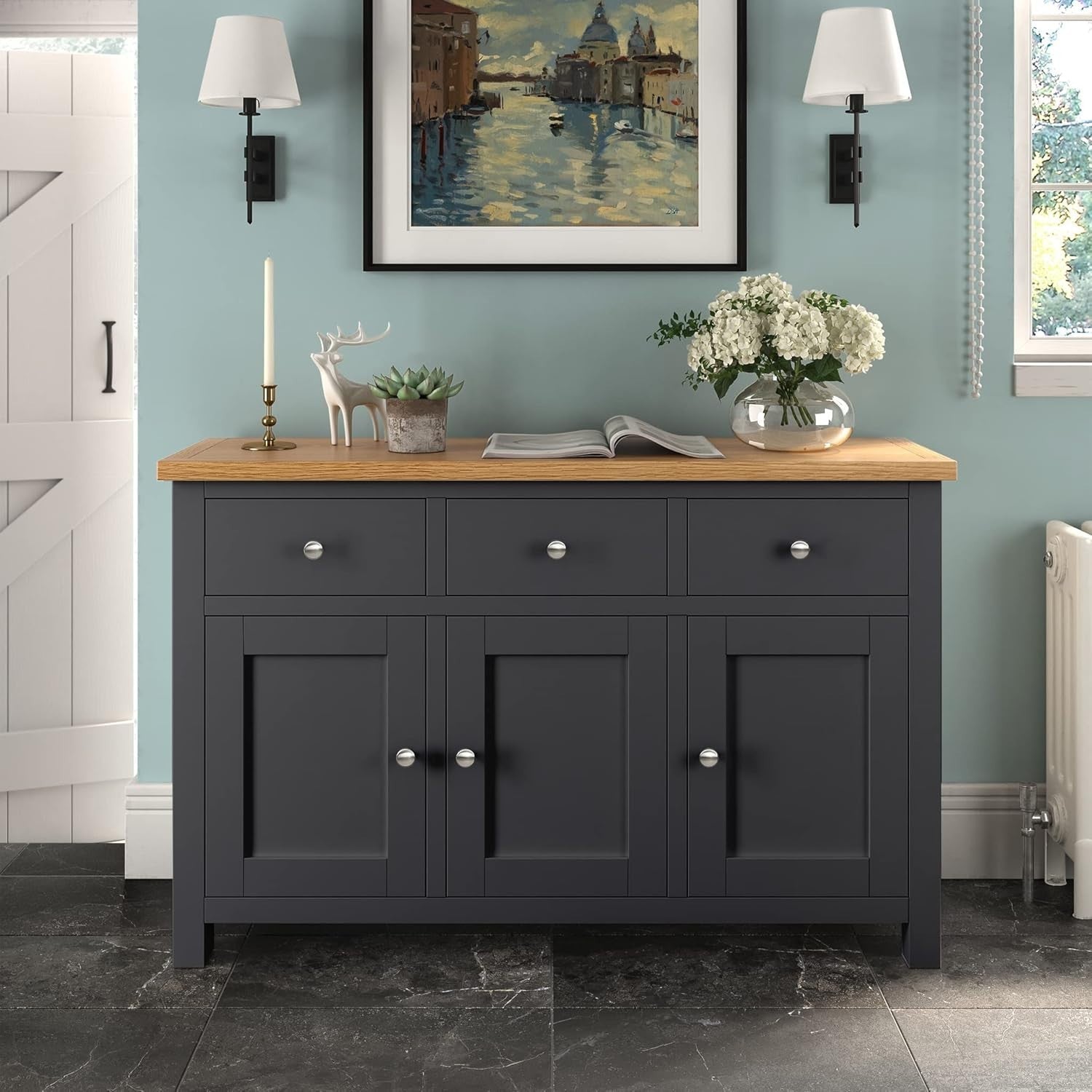 Charcoal Sideboard 3 Door 3 Drawer Oak Top Storage Cabinet Hallway