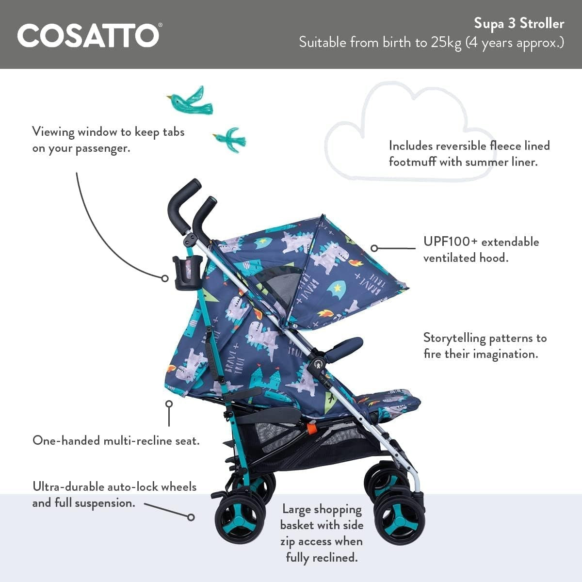 Slim Fold Pushchair for Newborns to 25kg, All-Weather Set, Easy Carry