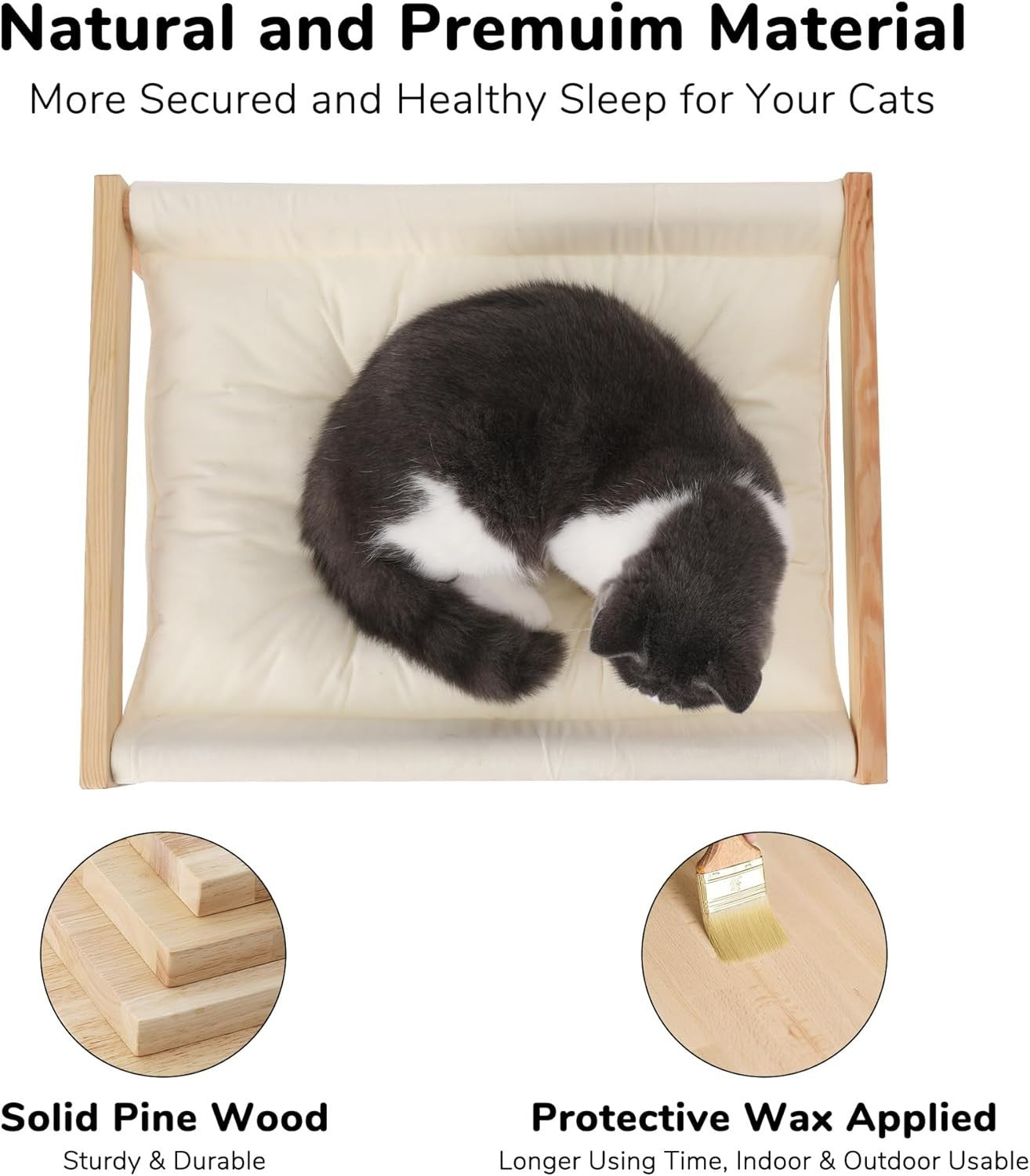 Wooden Cat Hammock Bed Plush Velvet Pet Sofa Removable Cushion 50cm