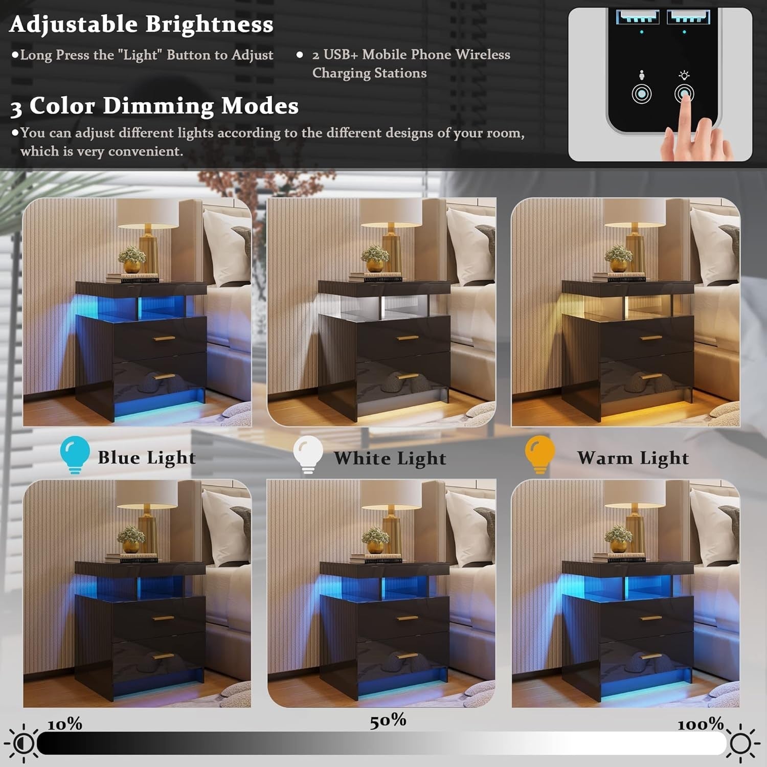 Modern Black LED Bedside Table with Wireless Charging | 2 Drawer Nightstand