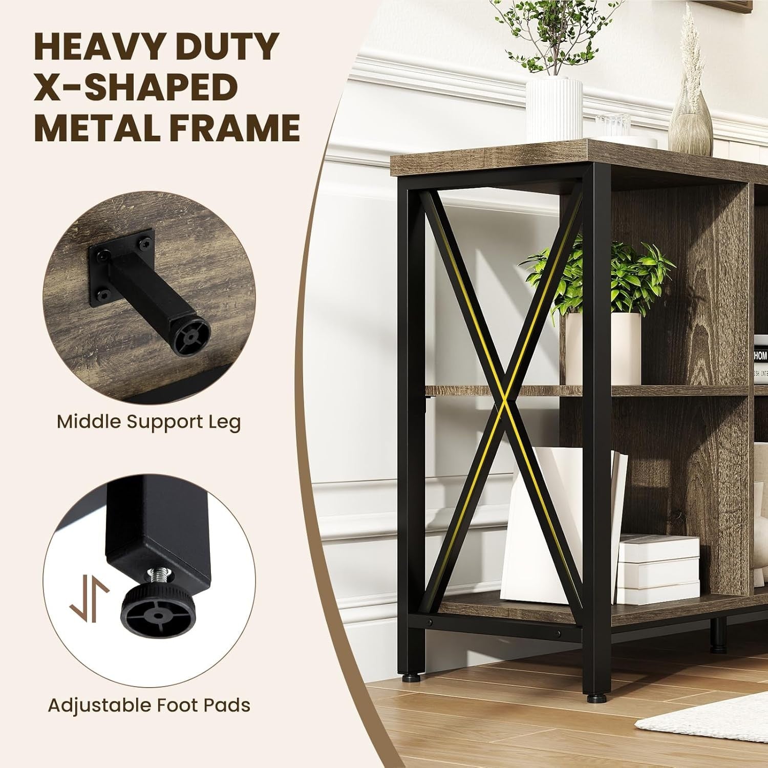6-Cube Grey Storage Bookcase Industrial Metal Frame Durable 120x35x76cm
