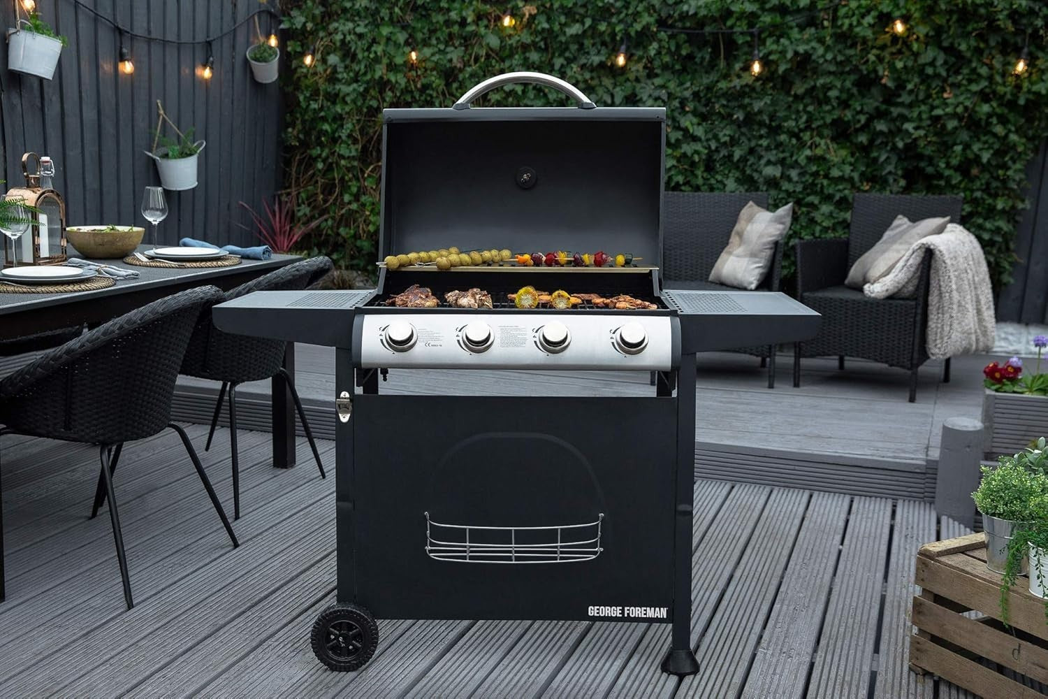 4 Burner Gas BBQ Grill with Thermometer & Shelves | Outdoor Family Barbecue