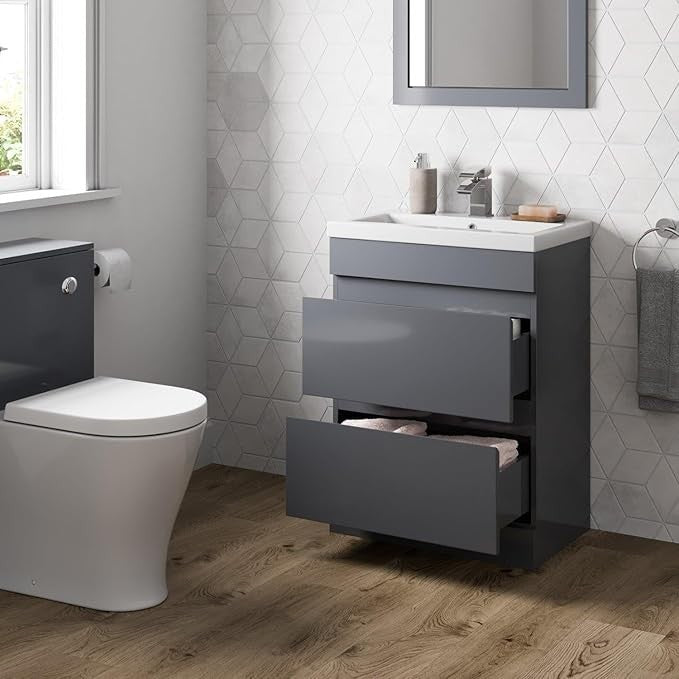 600mm Gloss Bathroom Vanity Unit with Basin Sink 2 Drawer Floor Standing Cabinet