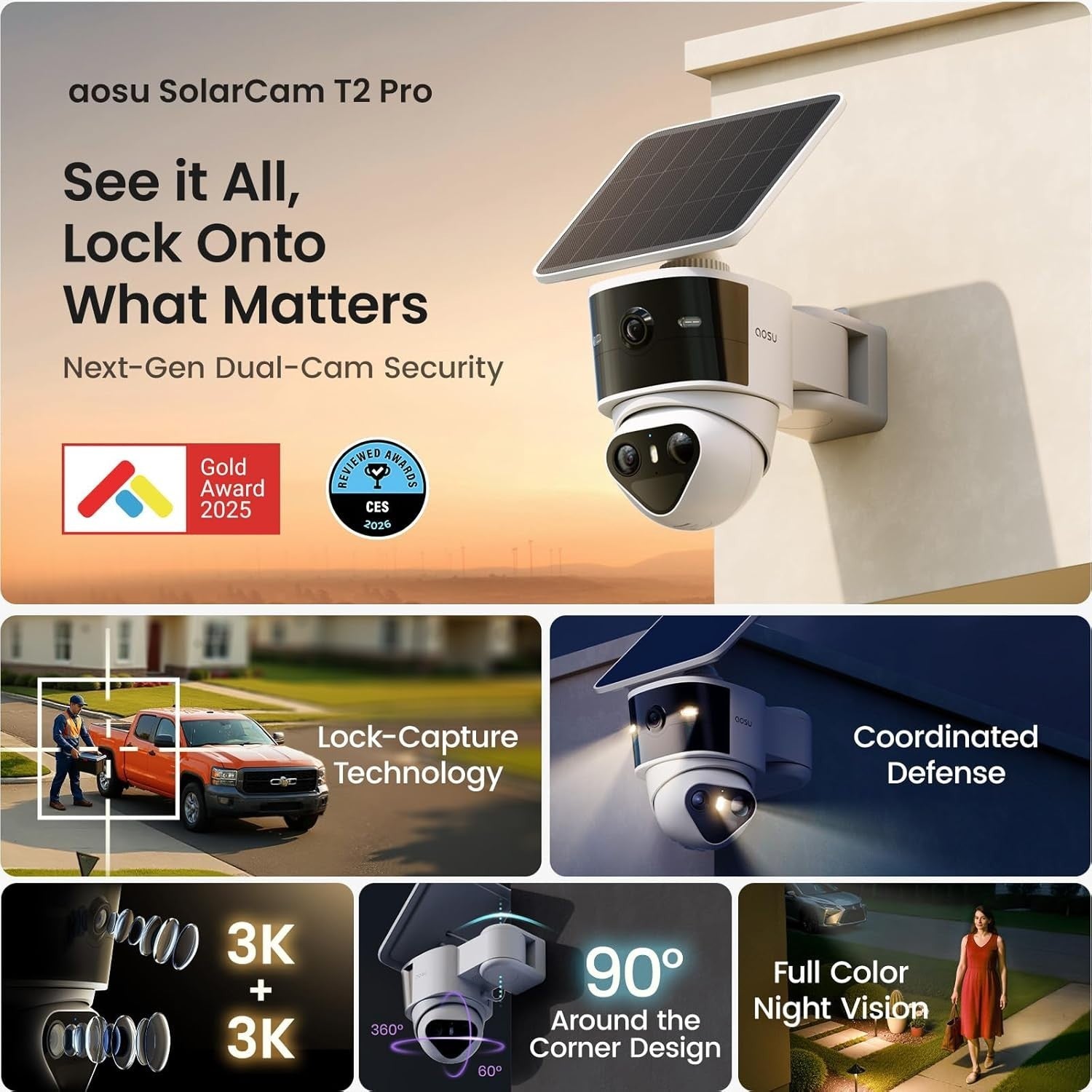 5MP Solar Security Camera Wireless Outdoor 360° PTZ AI Tracking 8X Zoom