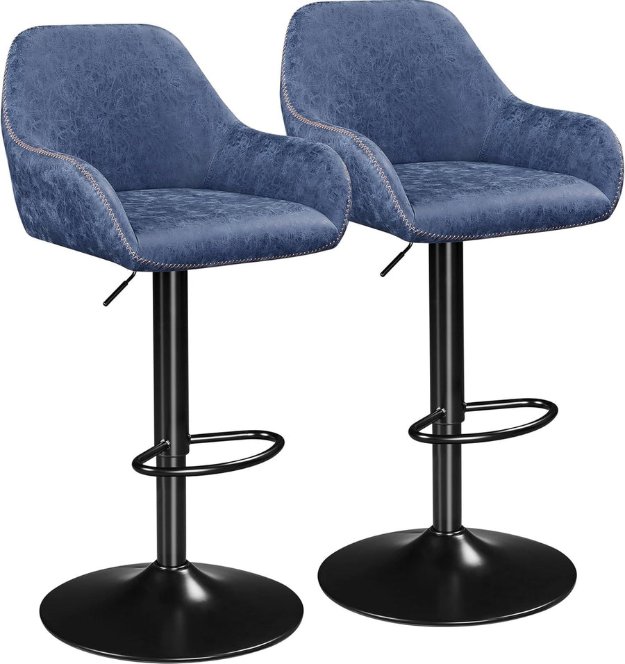 Adjustable Swivel Bar Stools Set of 2 Blue Faux Leather Chairs