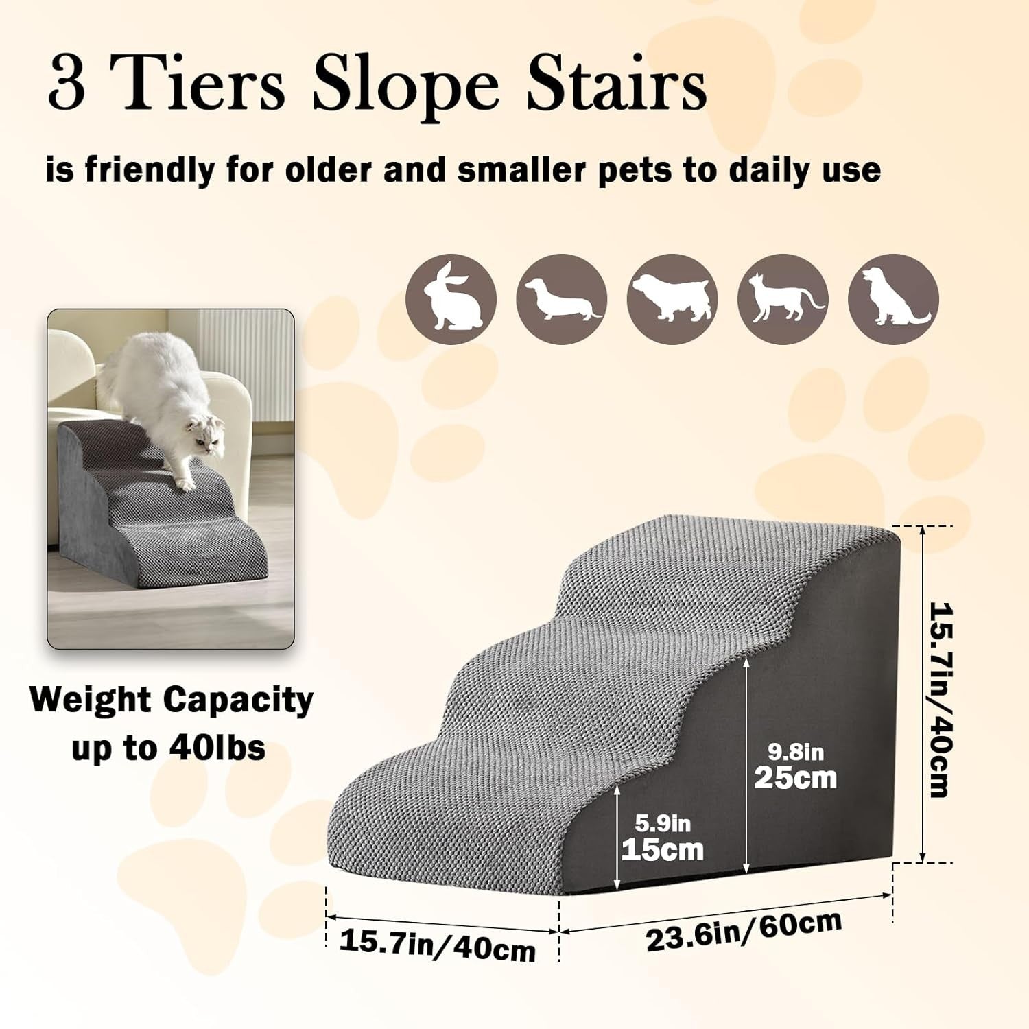 Dog Steps for Bed 3 Tier Anti-Slip Pet Stairs Foam Ramp Washable Cover