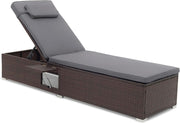 6-Level Adjustable Rattan Sun Lounger with Folding Table & Cushions, Grey