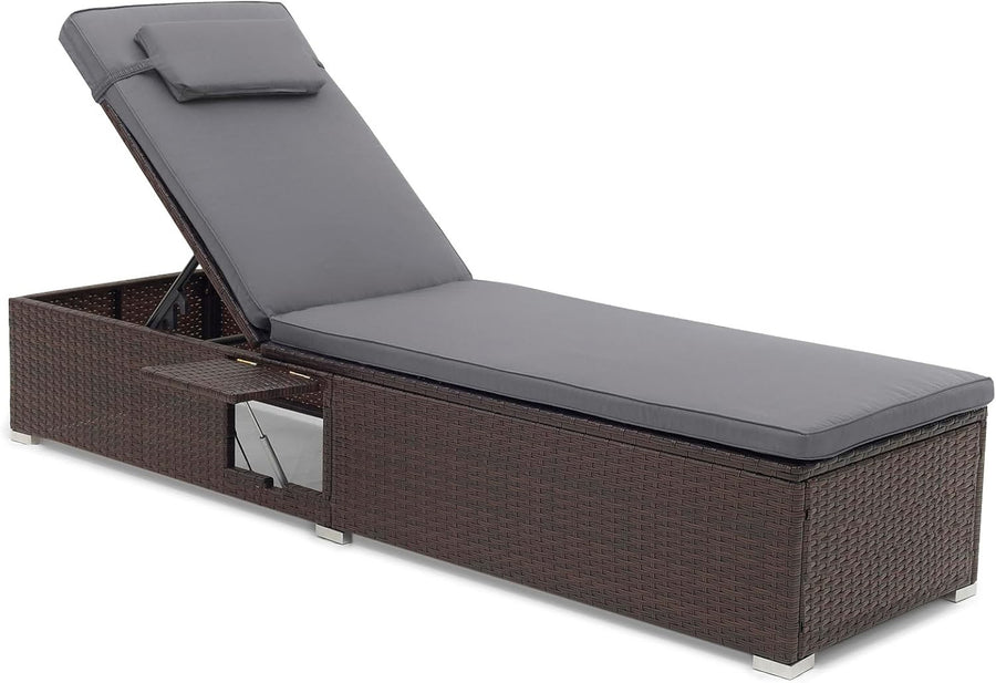 6-Level Adjustable Rattan Sun Lounger with Folding Table & Cushions, Grey