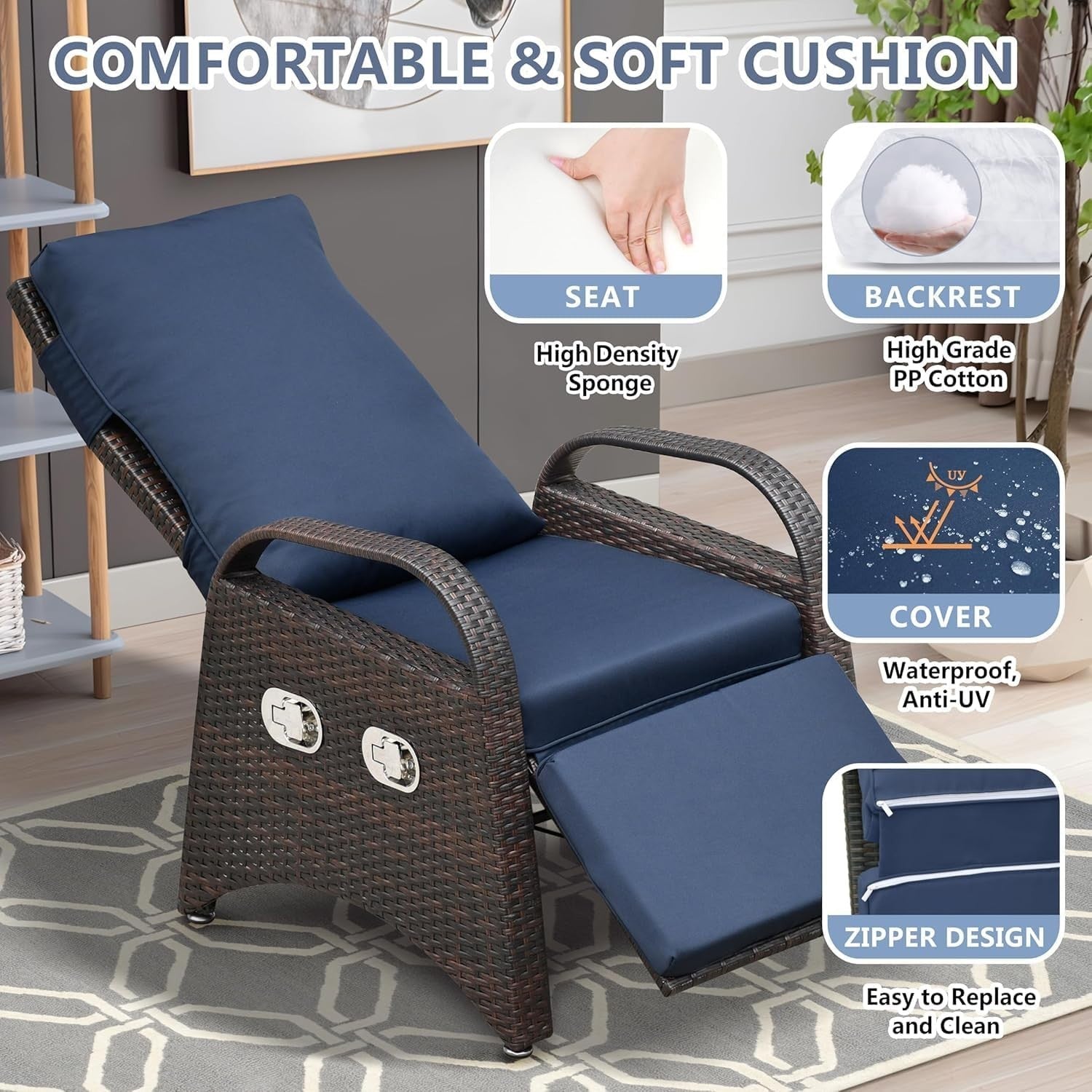 Adjustable Rattan Recliner Chair with Footrest & Side Table Outdoor Garden