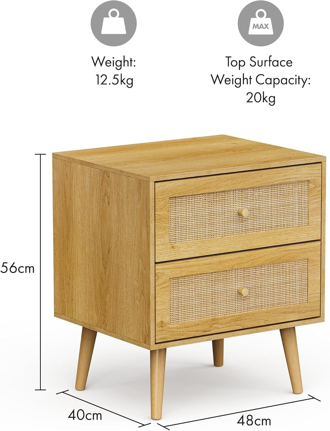 Set of 2 Rattan Bedside Tables – Scandi Boho 2 Drawer Wooden Nightstands