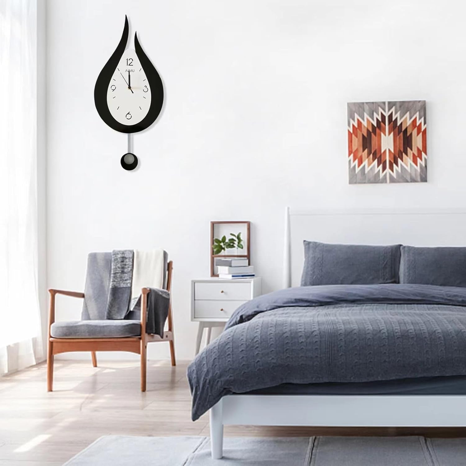 Modern Silent Wall Clock Water Drop Design with Pendulum 20.4” Black White