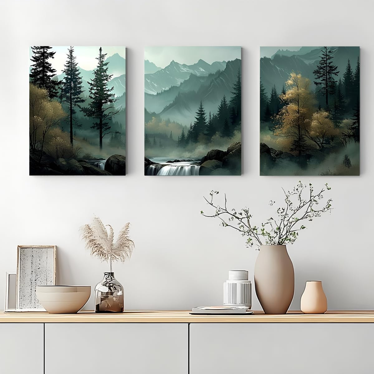 3 Panel Forest Mountain Canvas Wall Art 30x40cm Framed