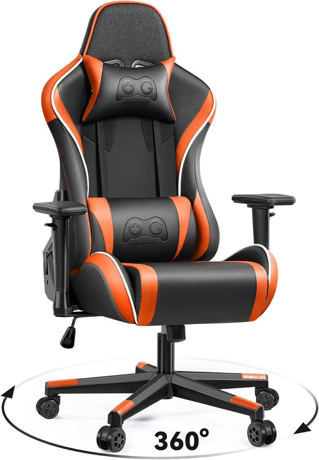 Orange High Back Gaming Chair Adjustable Lumbar Swivel PU Leather Office Studio