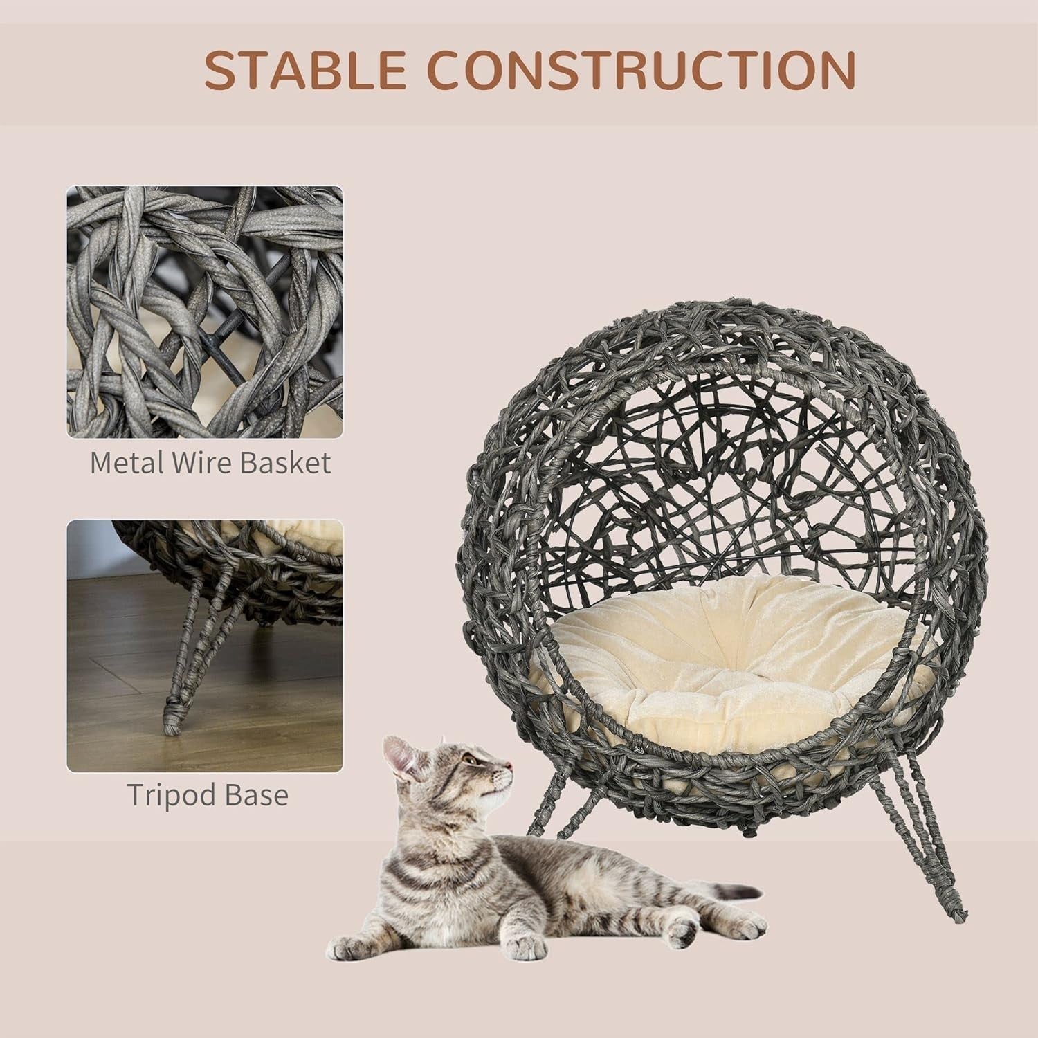 Rattan Elevated Cat Bed House Ball Shape w Cushion Ventilated Cave