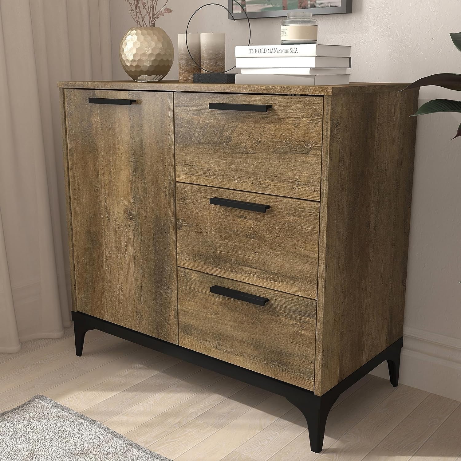 Oak Sideboard Storage Cabinet 1 Door 3 Drawer Adjustable Shelf Unit