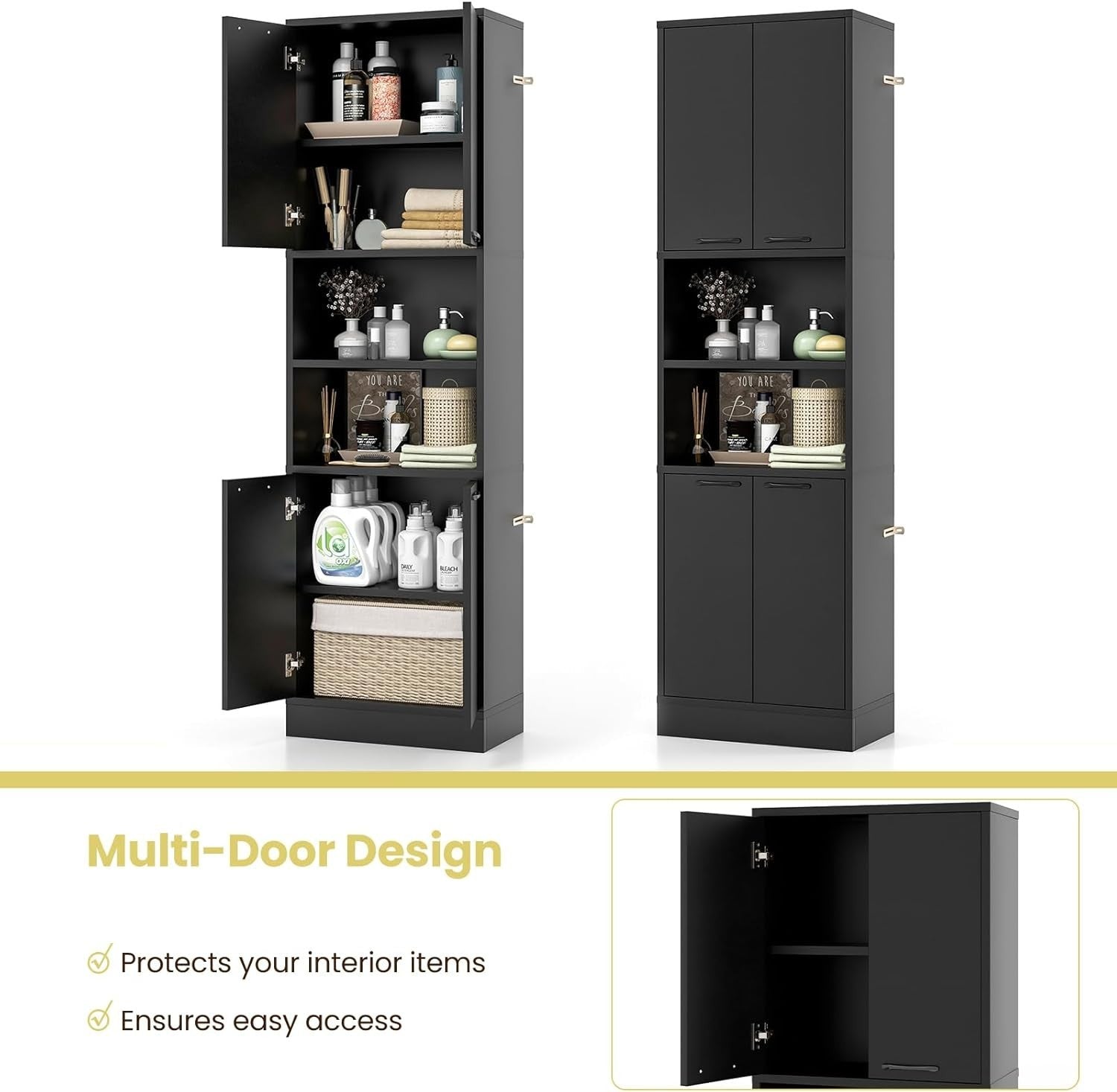 190cm Tall Kitchen Cupboard Black 4 Doors Open & Closed Storage Cabinet