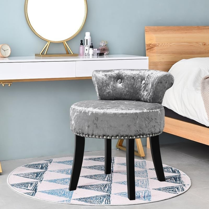 Silver Grey Velvet Vanity Stool with Tufted Back & Solid Wood Legs