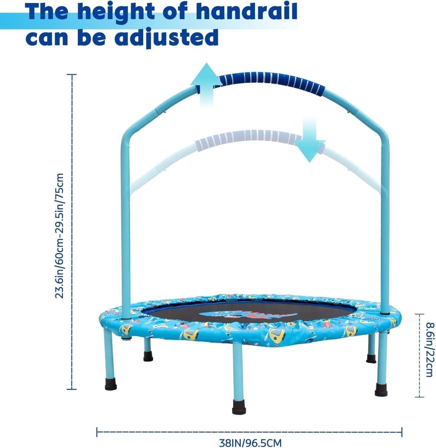 38in Kids Quiet Rebounder Trampoline Adjustable Handle Foldable