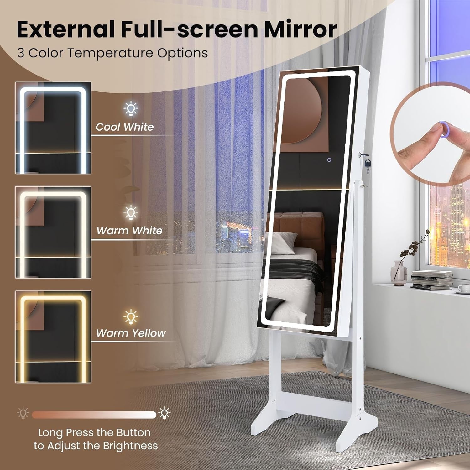 White LED Jewellery Cabinet Full Length Mirror Adjustable Lockable Storage