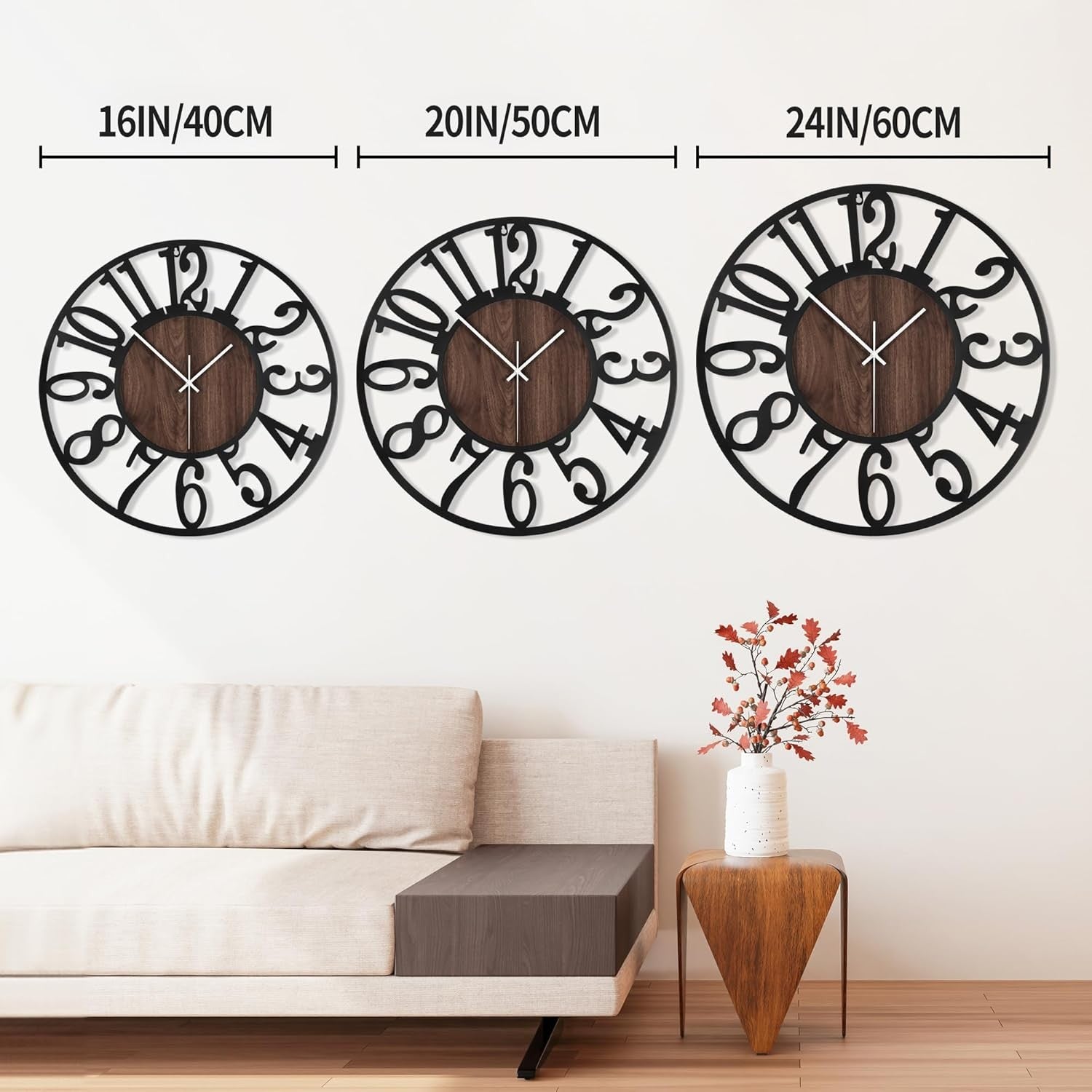 20" Large Wall Clock Retro Wood & Metal Silent Arabic Numerals Modern Decor