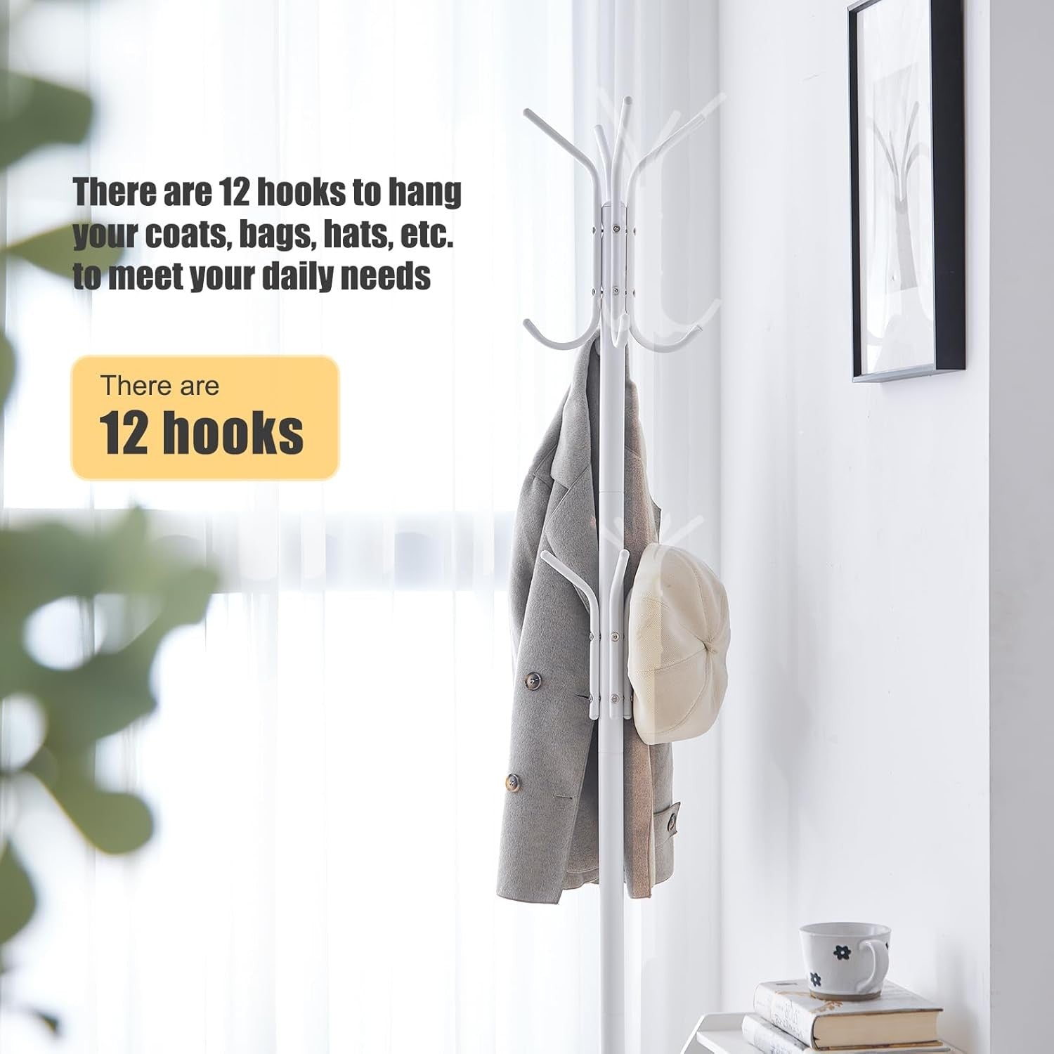 White Freestanding Coat Rack with 12 Hooks | Metal Hat & Scarf Organizer