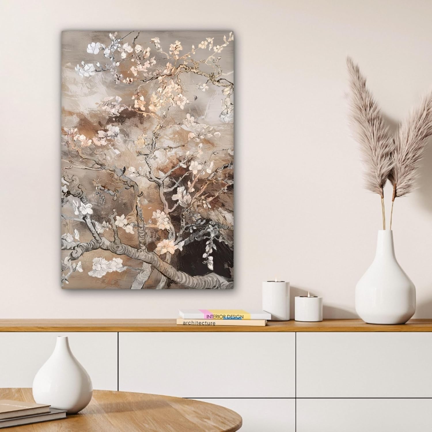Almond Blossom Canvas Wall Art 40x60cm Beige Floral Print