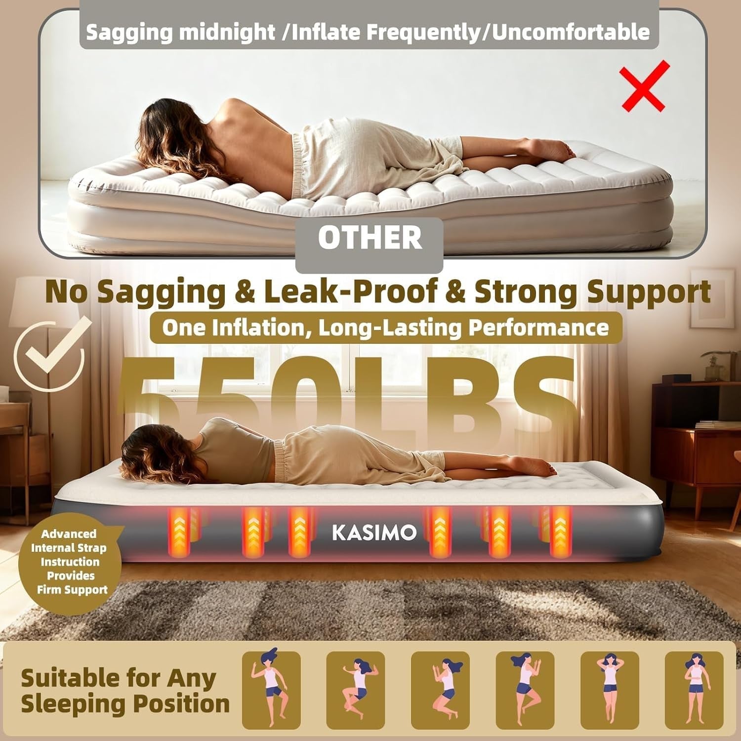 Single Inflatable Air Mattress with Built-in Battery Pump & Pillow