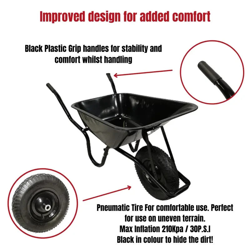 90L Black Metal Wheelbarrow 150kg | Heavy Duty Pneumatic Tyre Trolley
