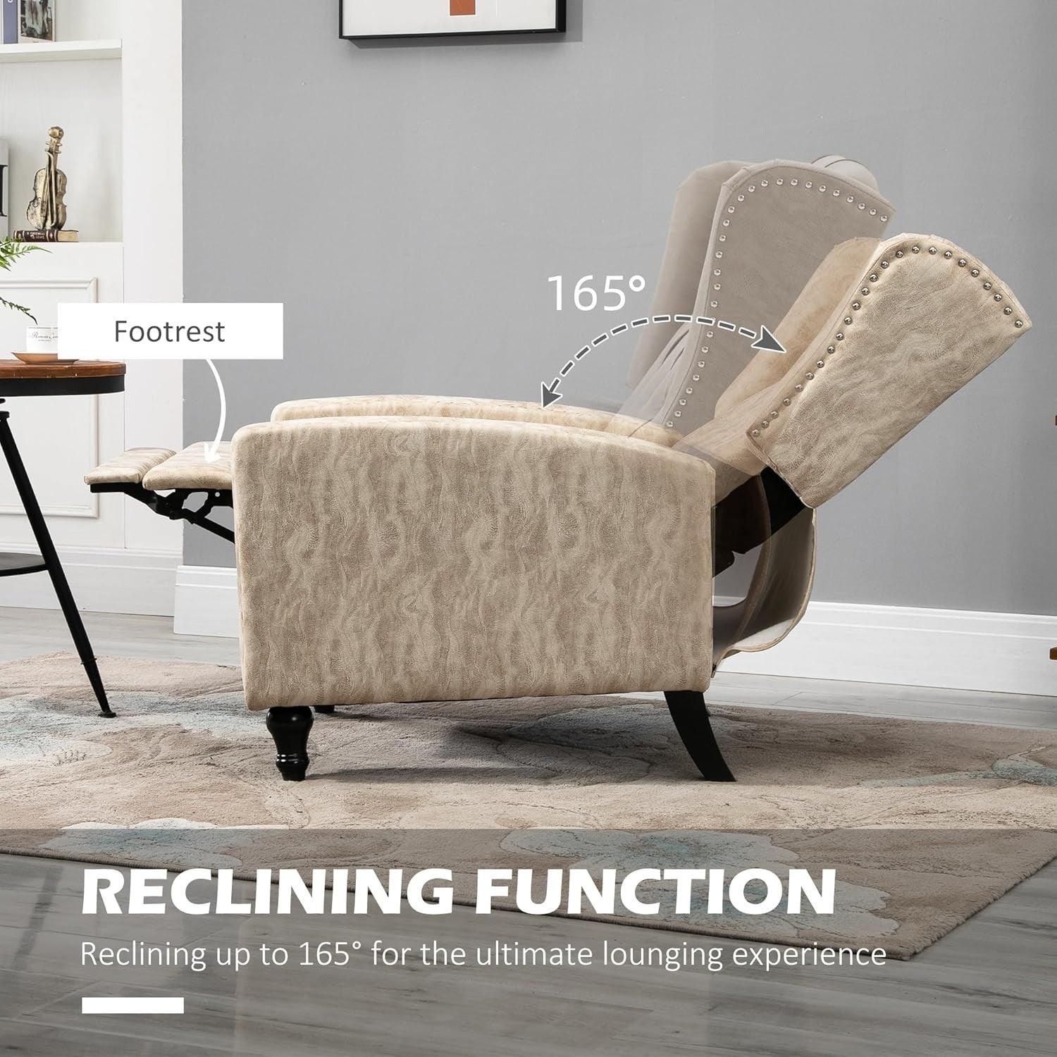 Beige Recliner Armchair with Footrest Wingback Tufted Chair Vintage Look