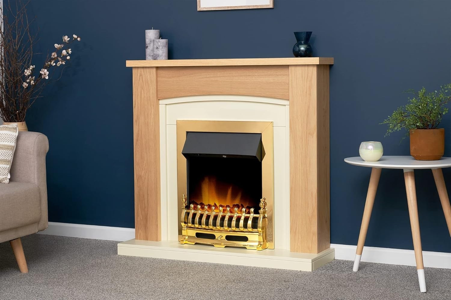 Wall Mount Electric Fireplace 2kW Heat Adjustable Thermostat Oak Cream