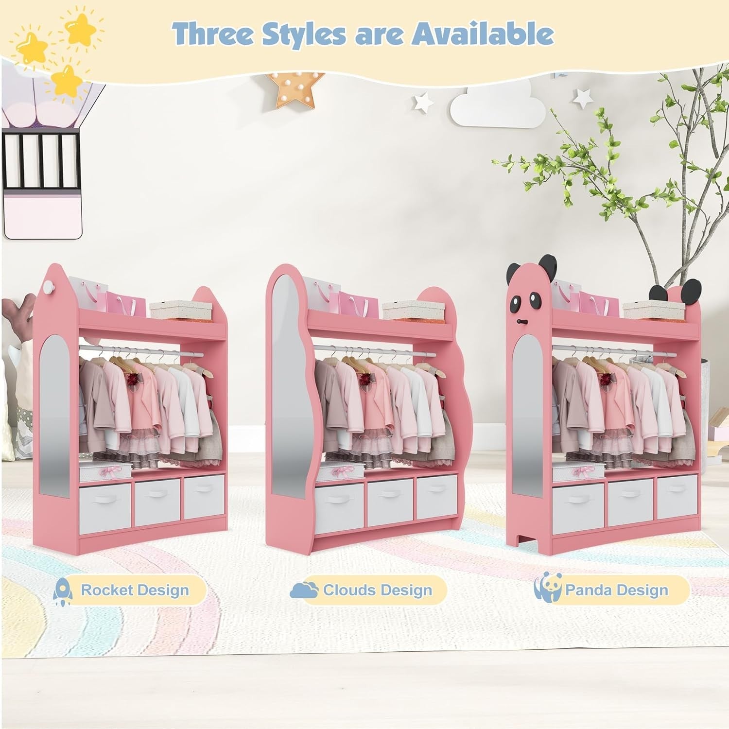Kids Wardrobe with Mirror, 3 Drawers & Hanging Rail, Pink Rocket Design