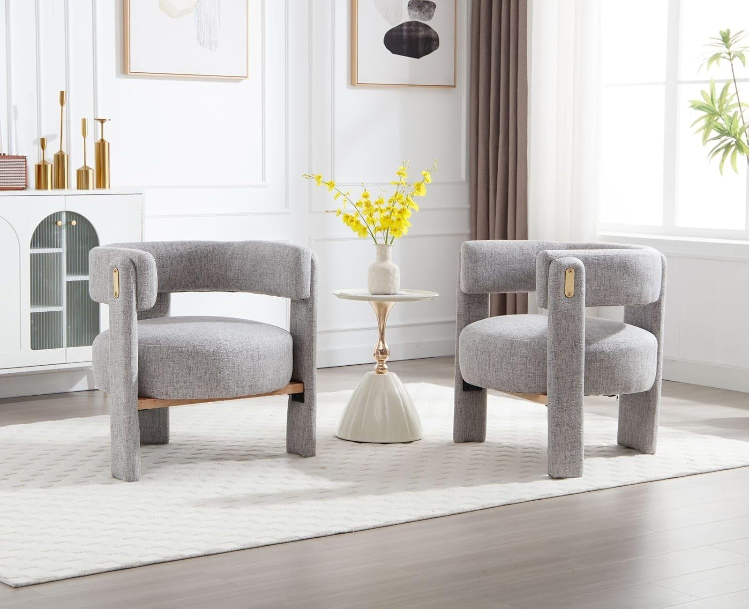 Grey Linen Accent Armchair – Semi-Circular Modern Lounge Chair for Living Room