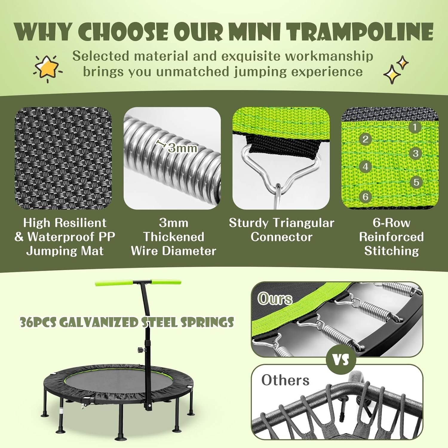 45'' Mini Trampoline Fitness Rebounder Foldable Adjustable Handle 100KG