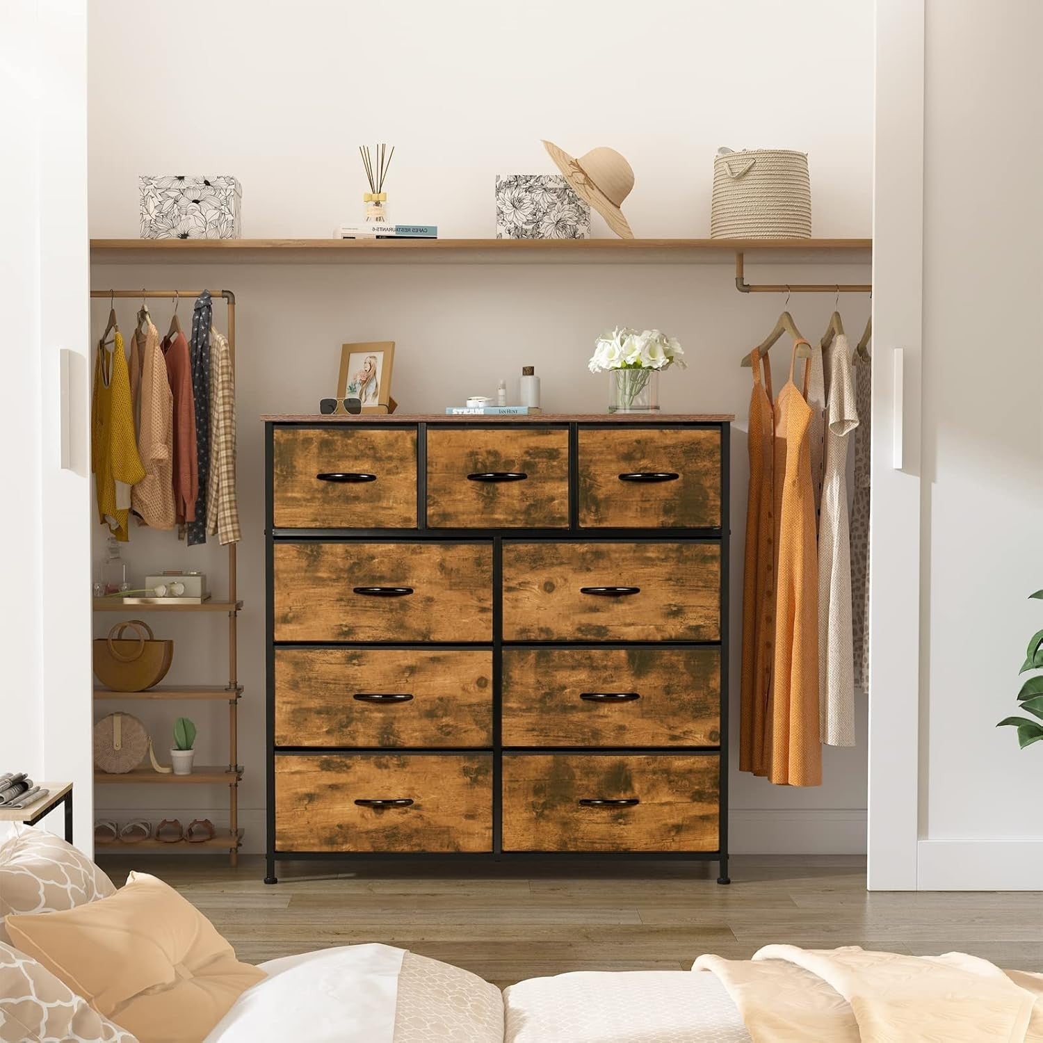 9 Drawer Fabric Dresser Chest with Metal Frame Large Bedroom Storage Unit