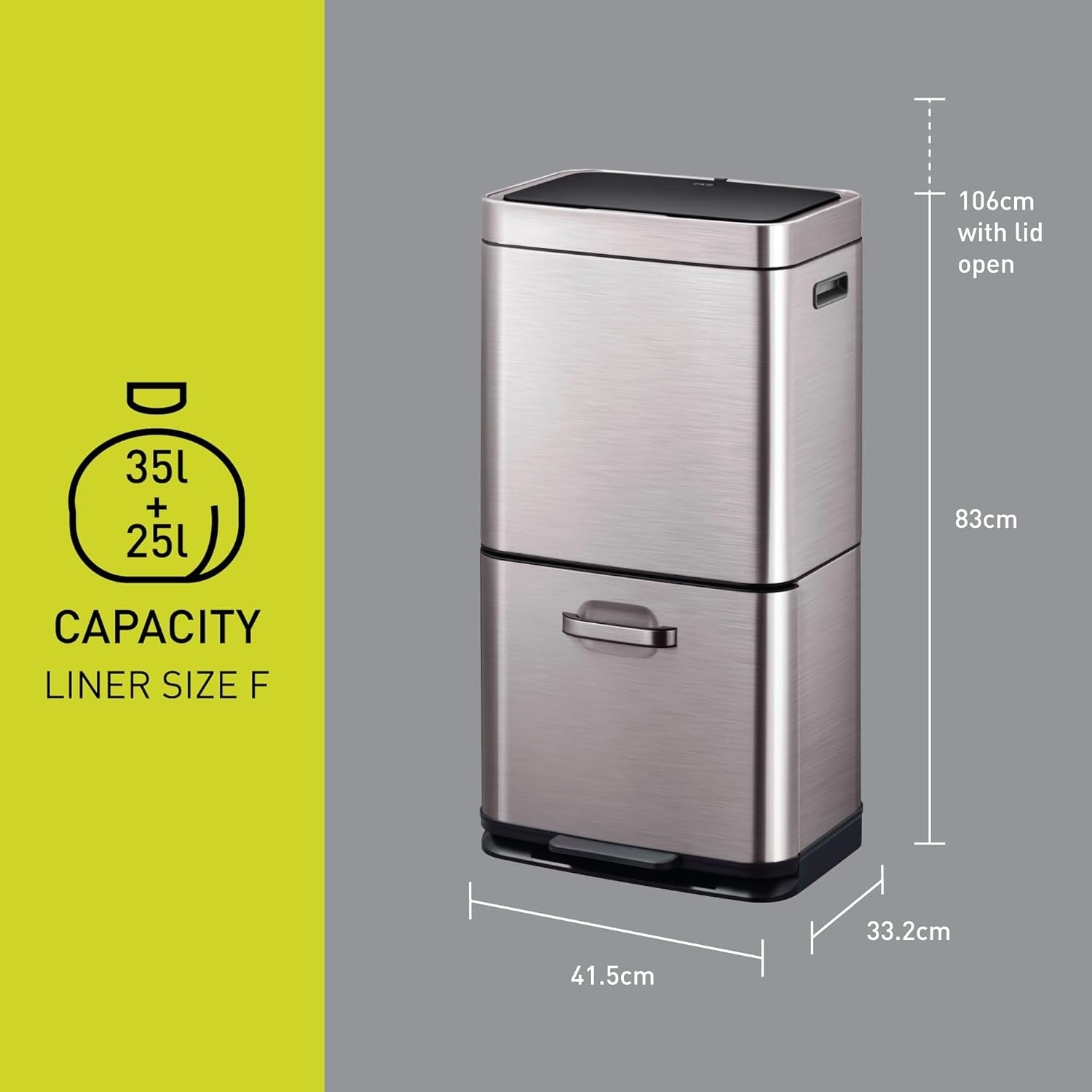 60L Dual Recycling Sensor Bin Stainless Steel 35+25L