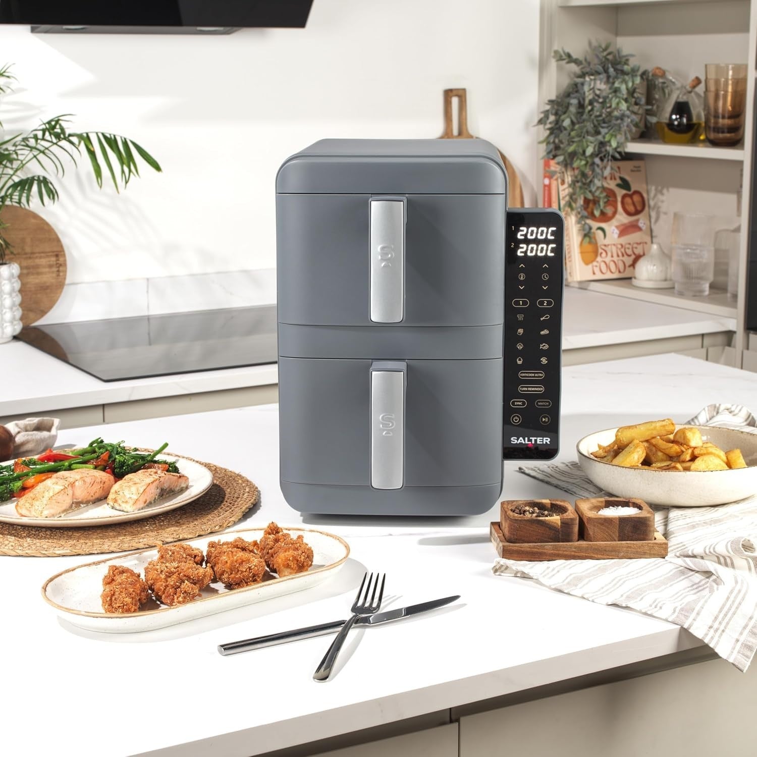 Vertical Dual Drawer Air Fryer 9L  4-Layer Cooking, 9 Presets, Sync/Match, 2400W