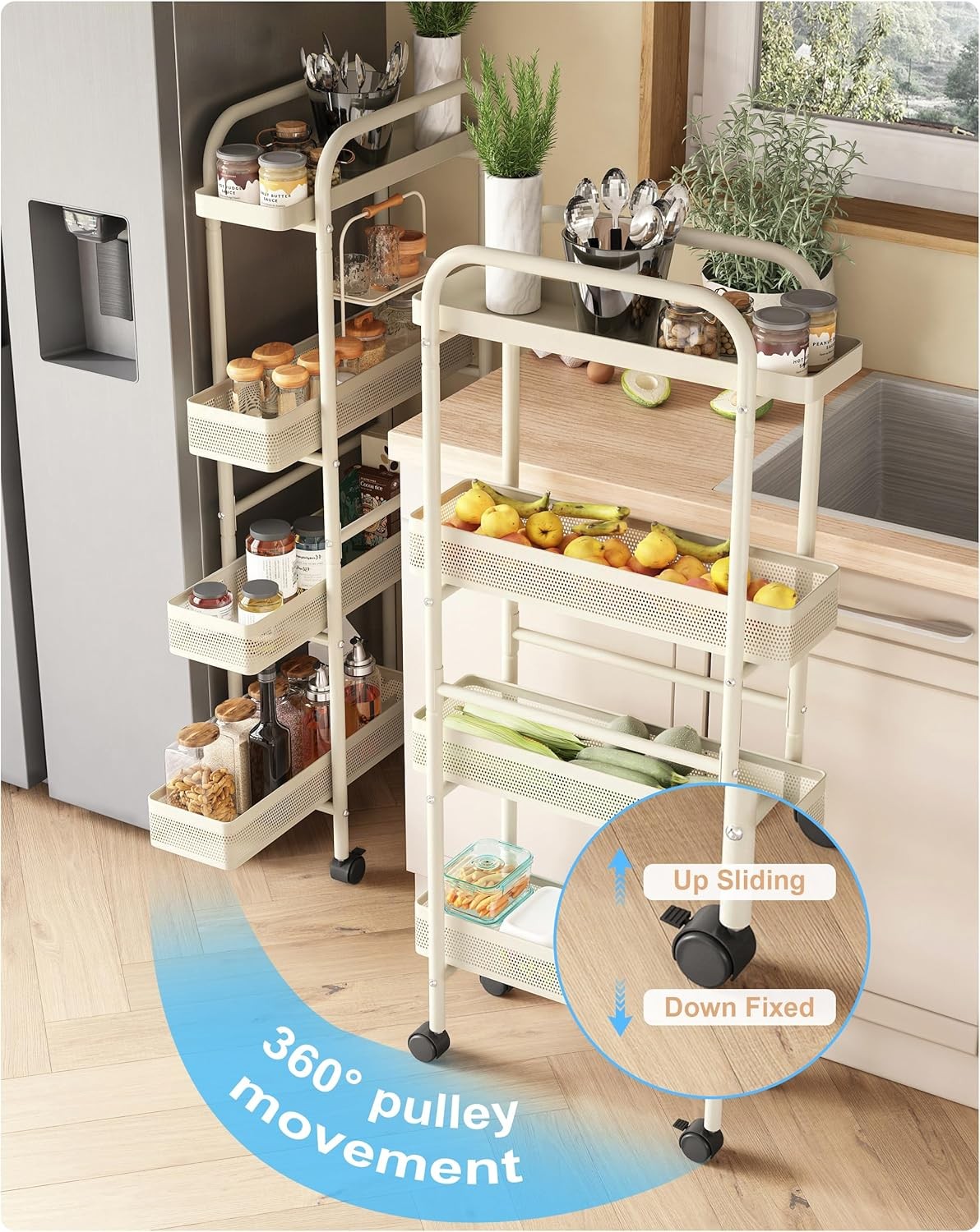 Slim Kitchen Storage Trolley 4 Tier Pull Out Drawers Narrow Cart on Wheels