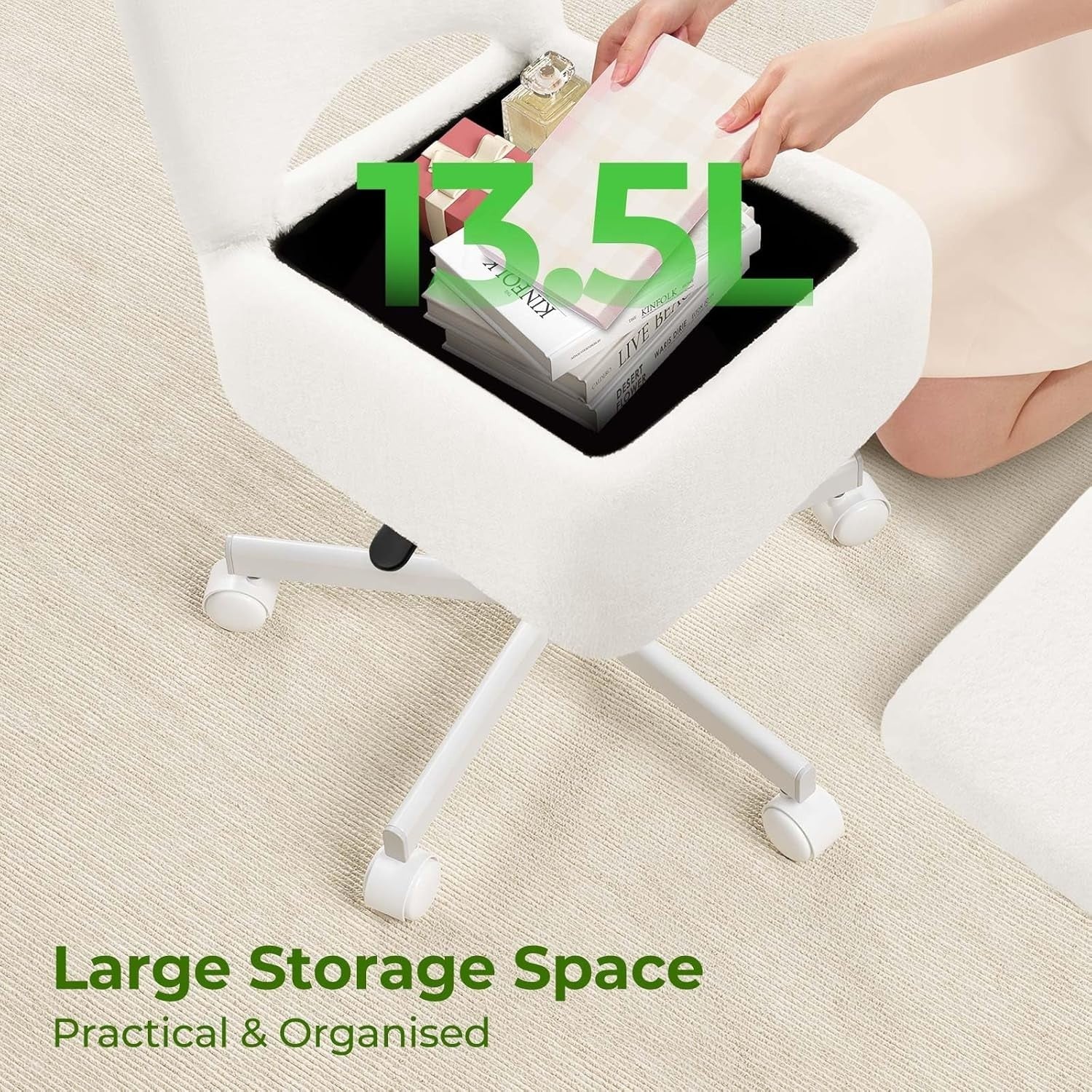 White Furry Vanity Chair Large with 13.5L Storage Swivel Adjustable Height