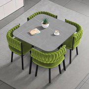 Square Marble Dining Table & 4 Velvet Chairs Set Grey Green Space-Saving