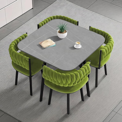 Square Marble Dining Table & 4 Velvet Chairs Set Grey Green Space-Saving