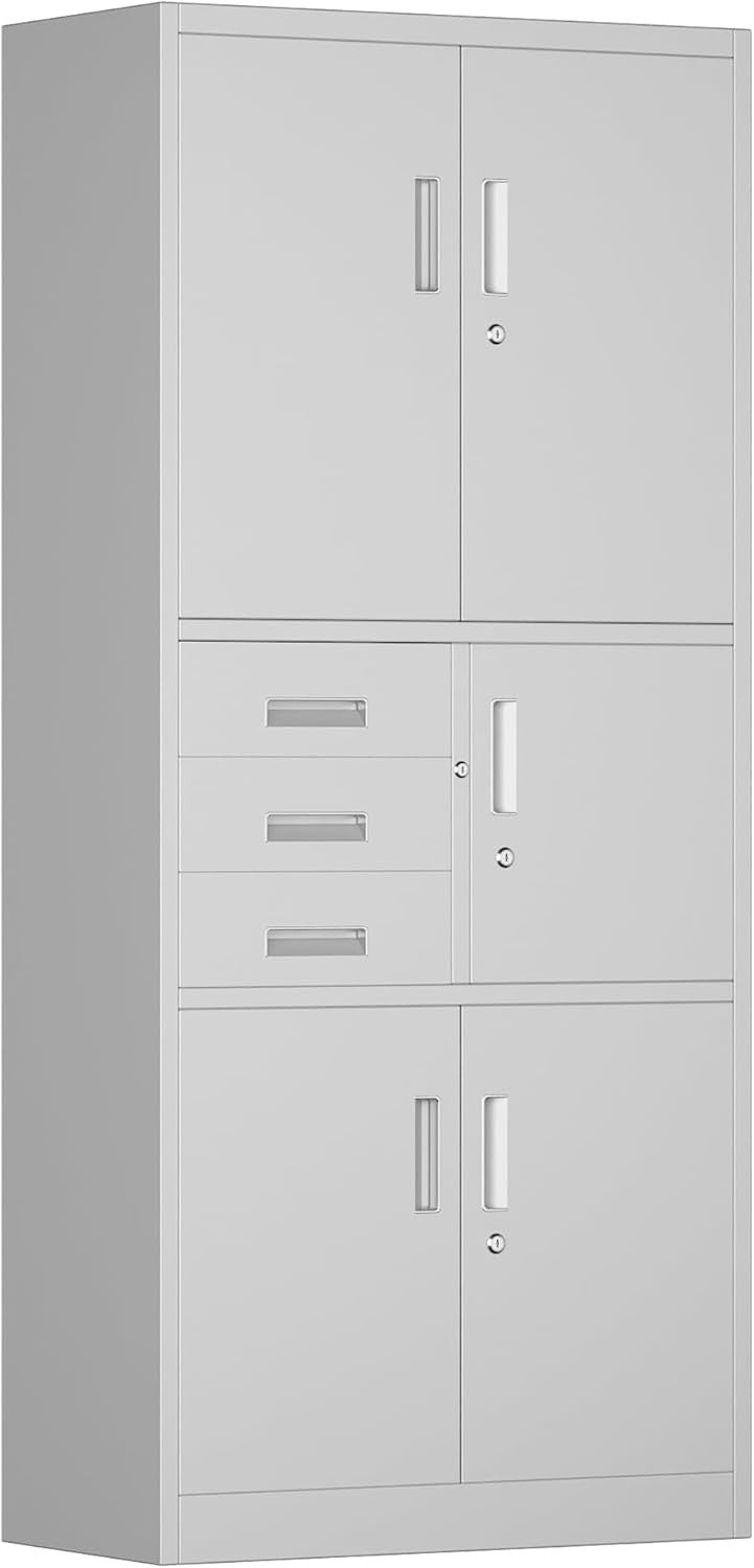 White Metal Storage Cabinet 5 Door 3 Drawer Lockable Steel Cupboard 180cm