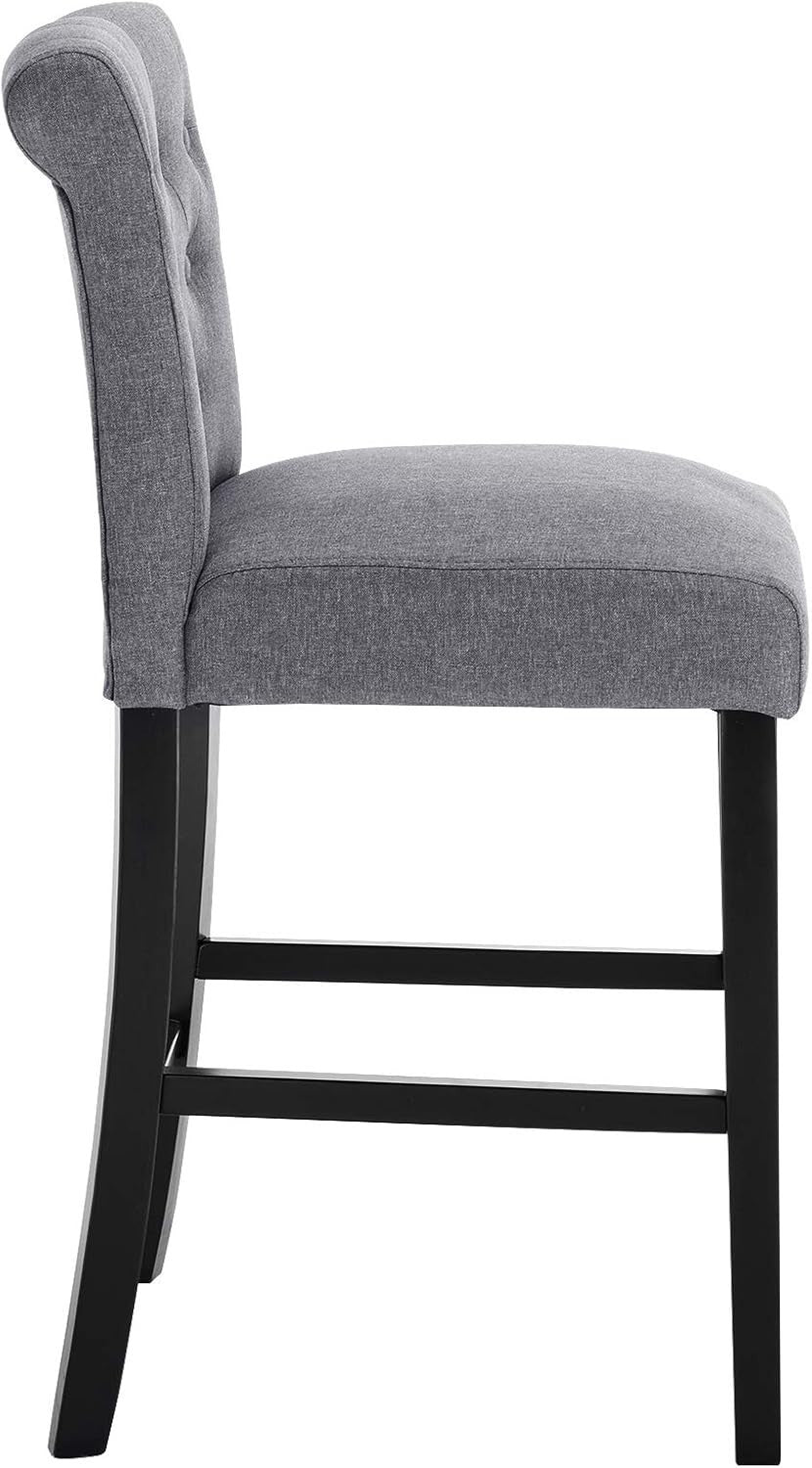 Dark Grey Linen Bar Stools Set of 2 Wooden Counter Chairs with Backrest