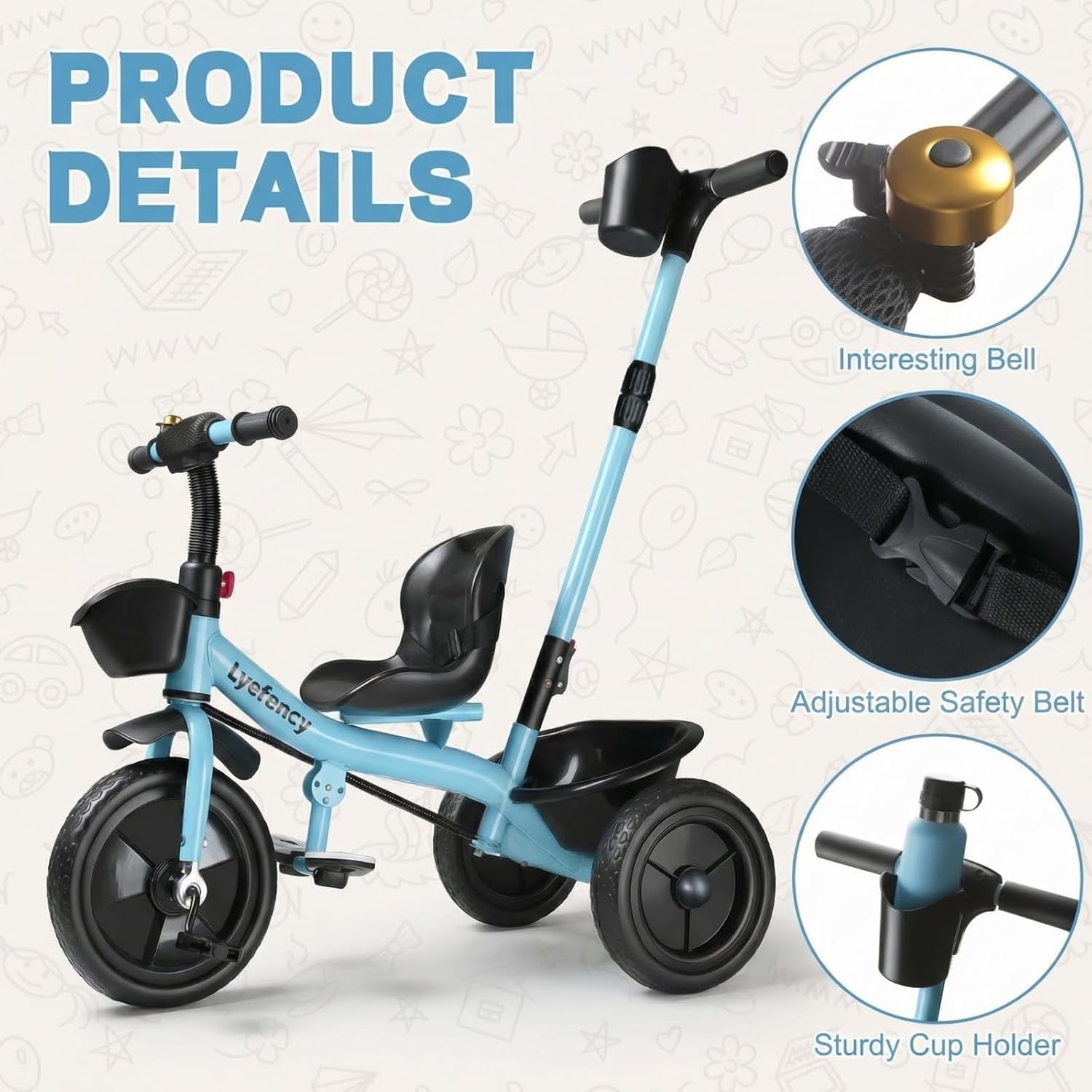 2 in 1 Toddler Tricycle Parent Handle Adjustable Seat Bike Blue 1-4Y