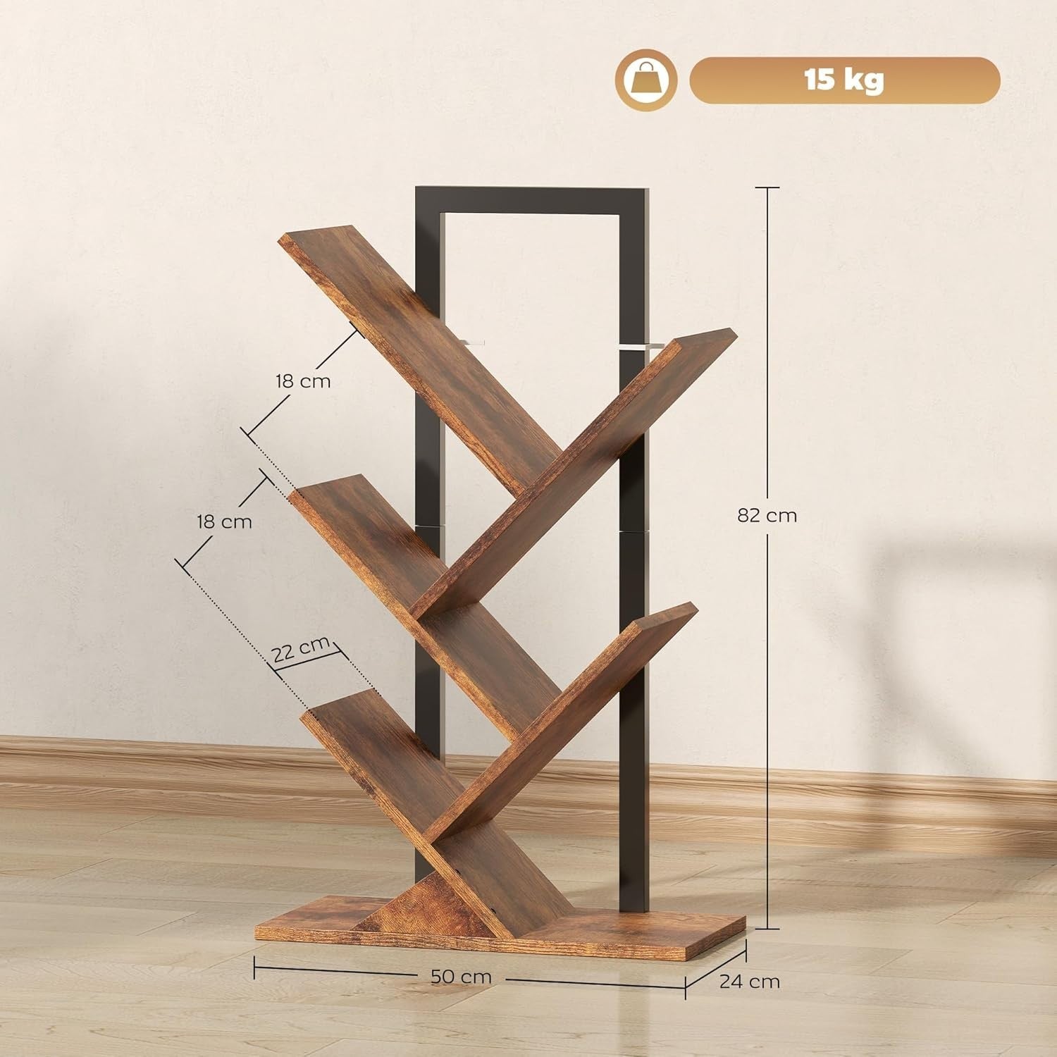 Industrial 5-Tier Tree Bookshelf with Steel Frame, Compact Storage Unit