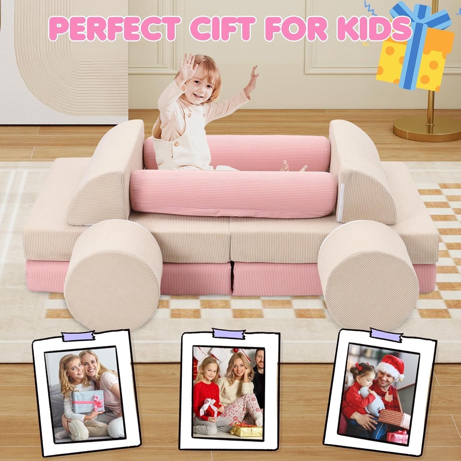 10PCS Kids Modular Sofa Bed Convertible Play Couch Armchair Foam Set Pink Beige