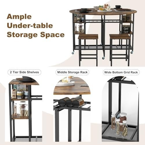 3-Piece Folding Dining Table Set with Stools & Storage Wheels