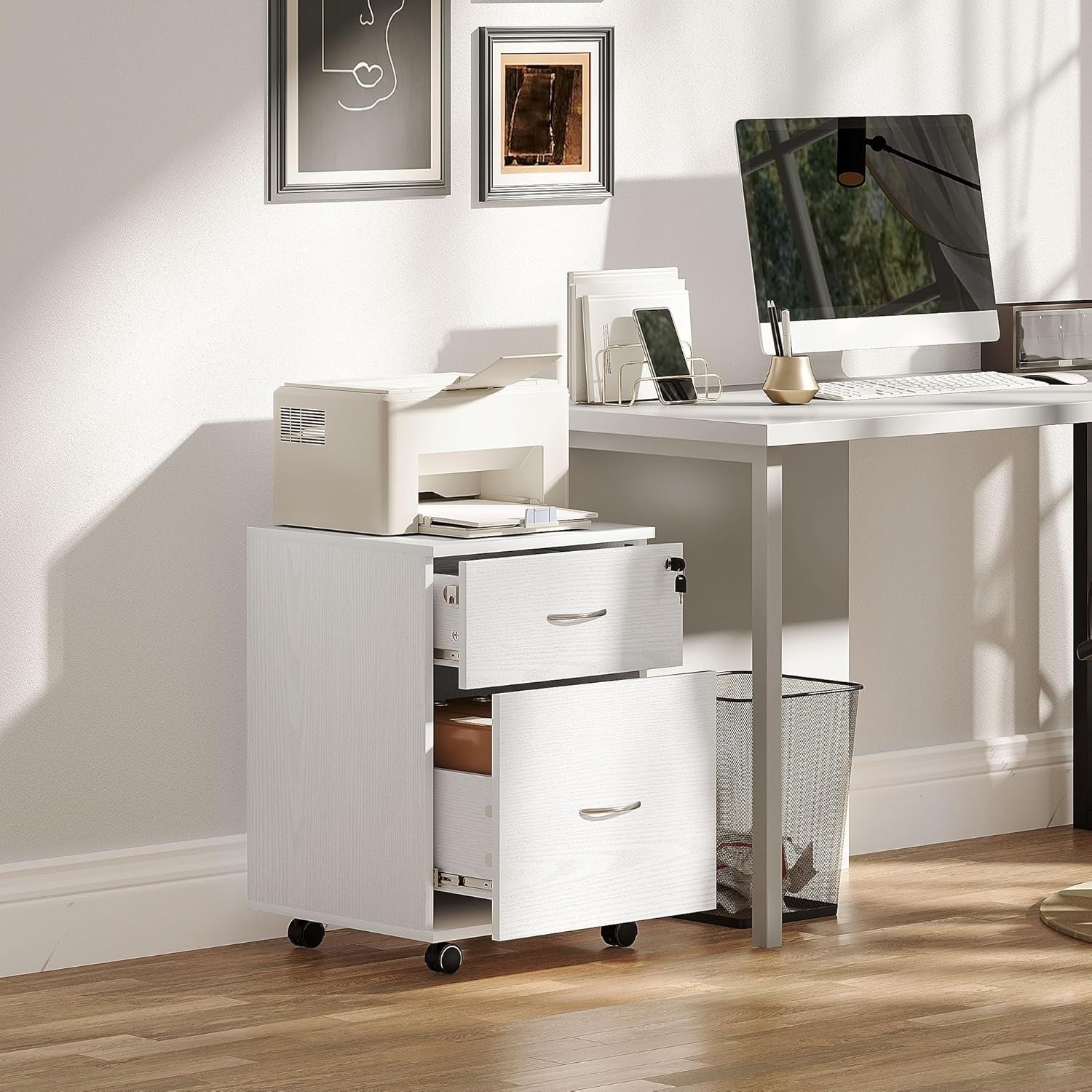 Locking 2 Drawer Rolling File Cabinet Under Desk Printer Stand White
