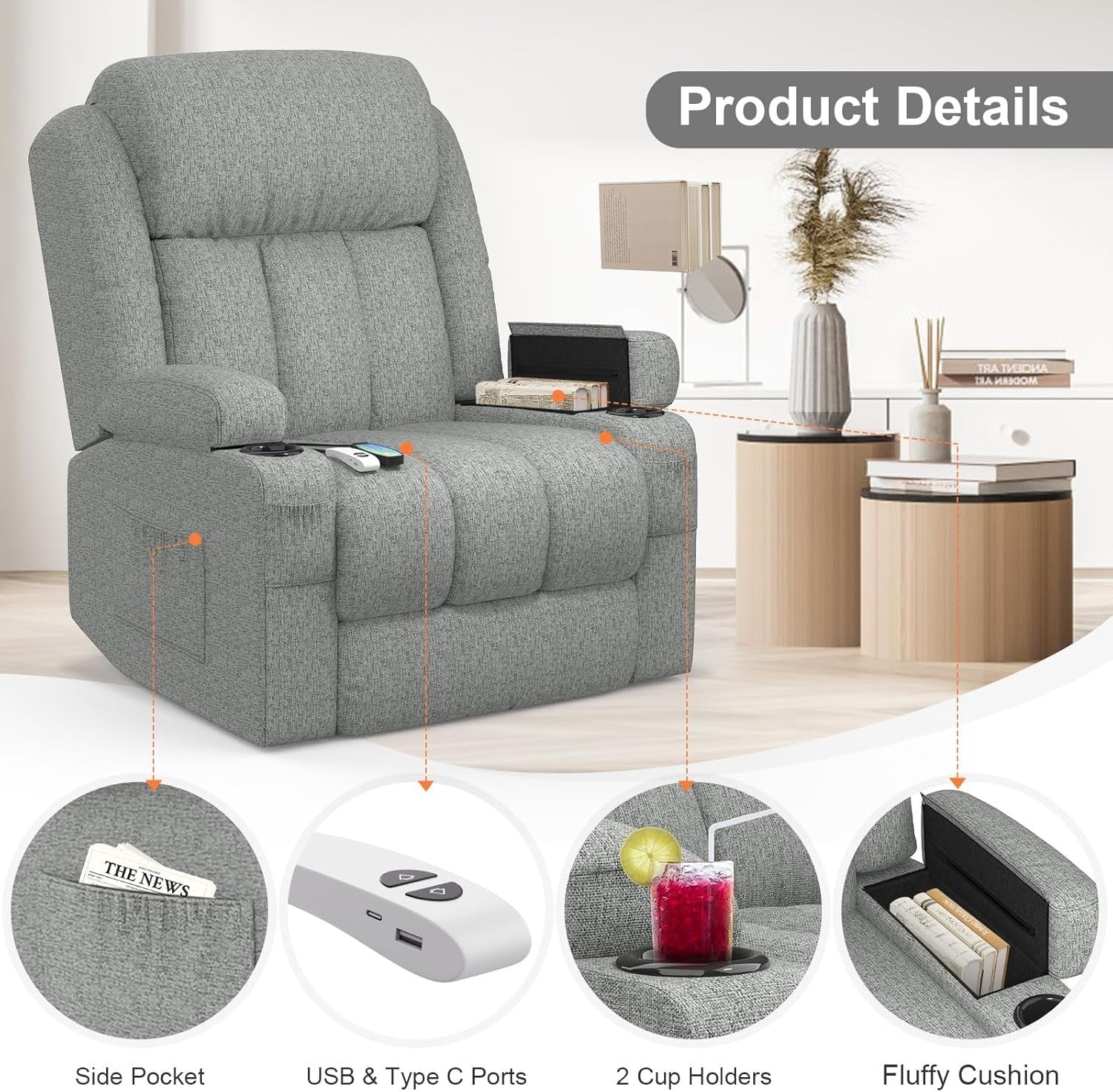 Power Lift Recliner Chair Massage Heat USB Ports Cup Holders Fabric Light Grey